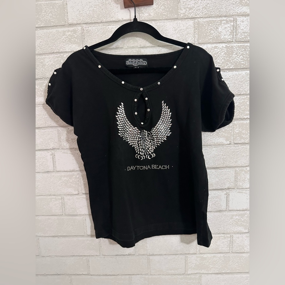 Women Biker Moto T-shirt  Size Large Daytona Beach Rhinestone Studded Eagle 0035